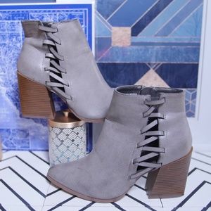 Grey Heeled Ankle Bootie with criss cross detail